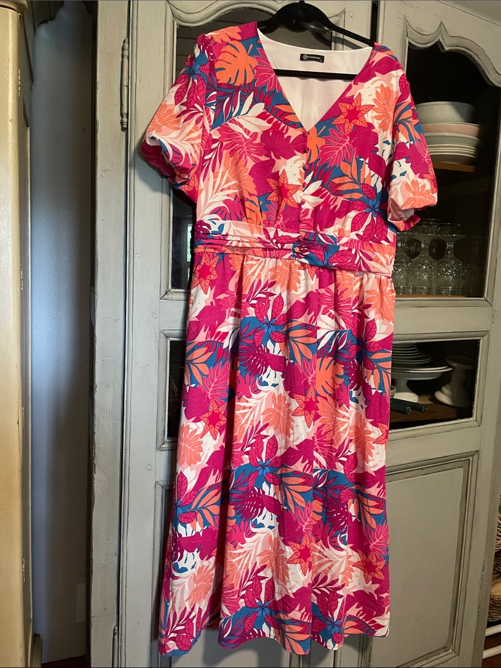 Bright Tropical V-Neck Midi Dress in Pink